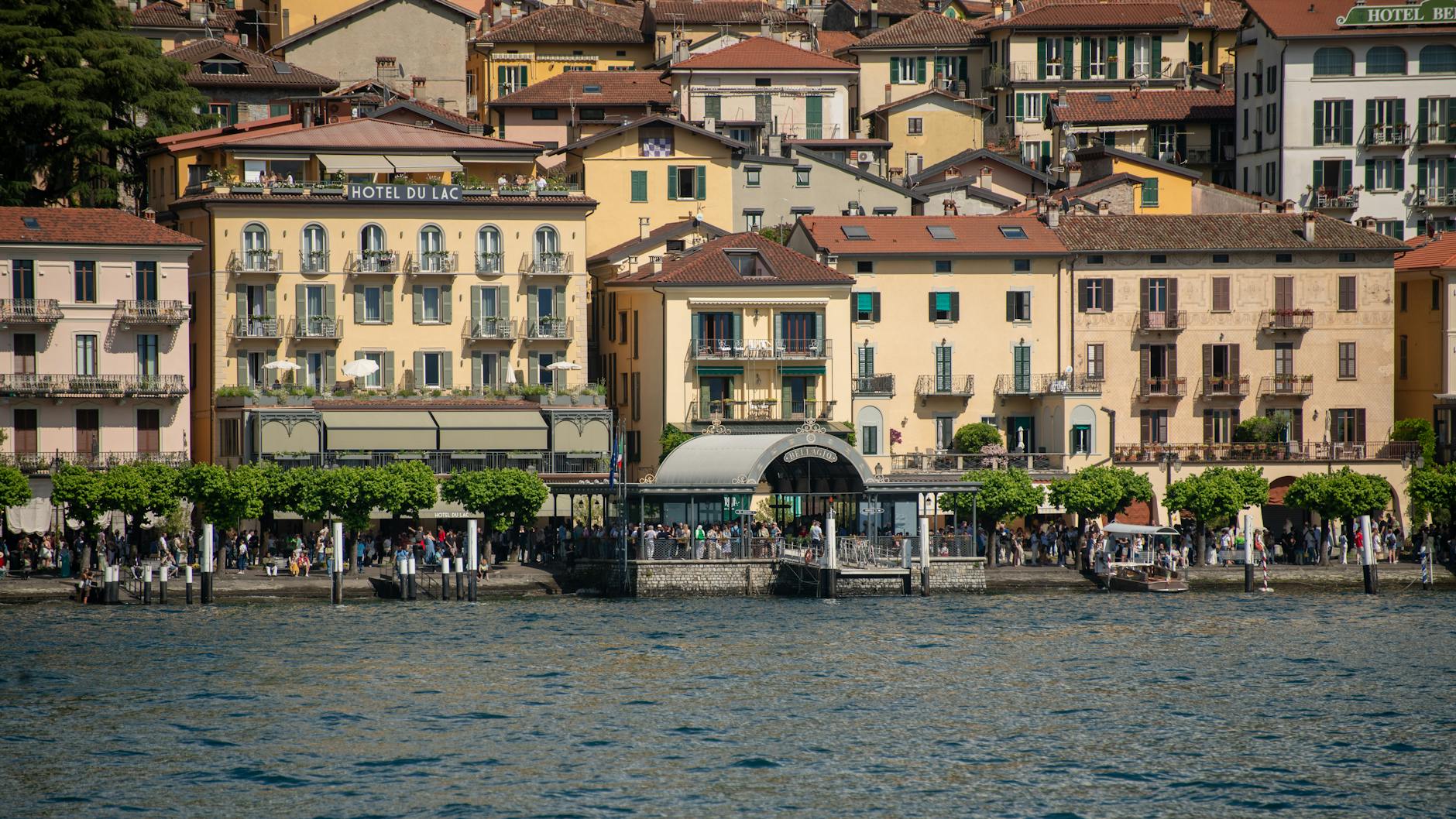 Charming waterfront buildings in Bellagio, Lake Como, Italy's picturesque landscape.