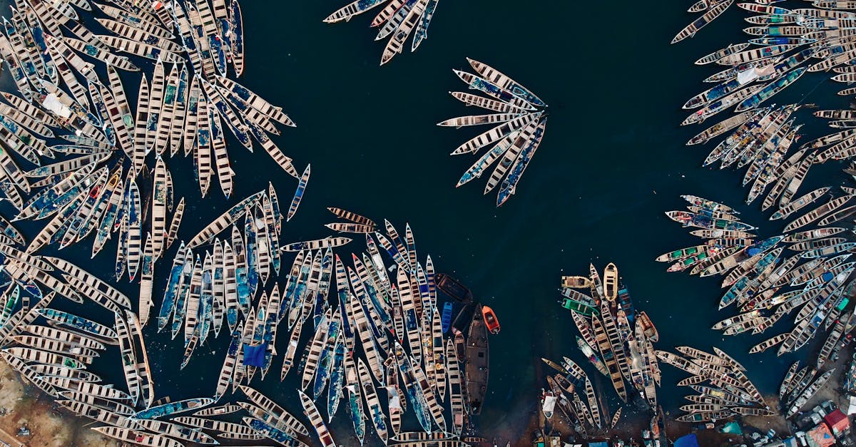 Top view of numerous fishing boats docked at Tema fishing harbour in Ghana.