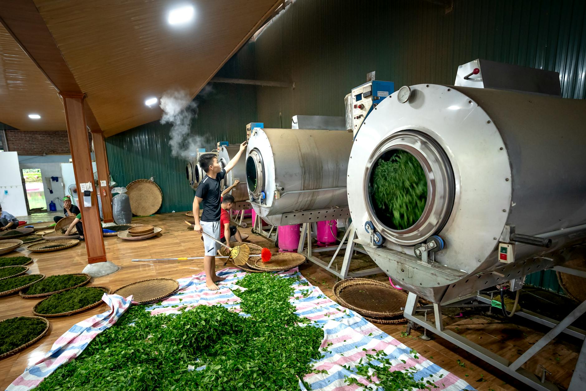A worker oversees the tea production process using machinery inside a factory.