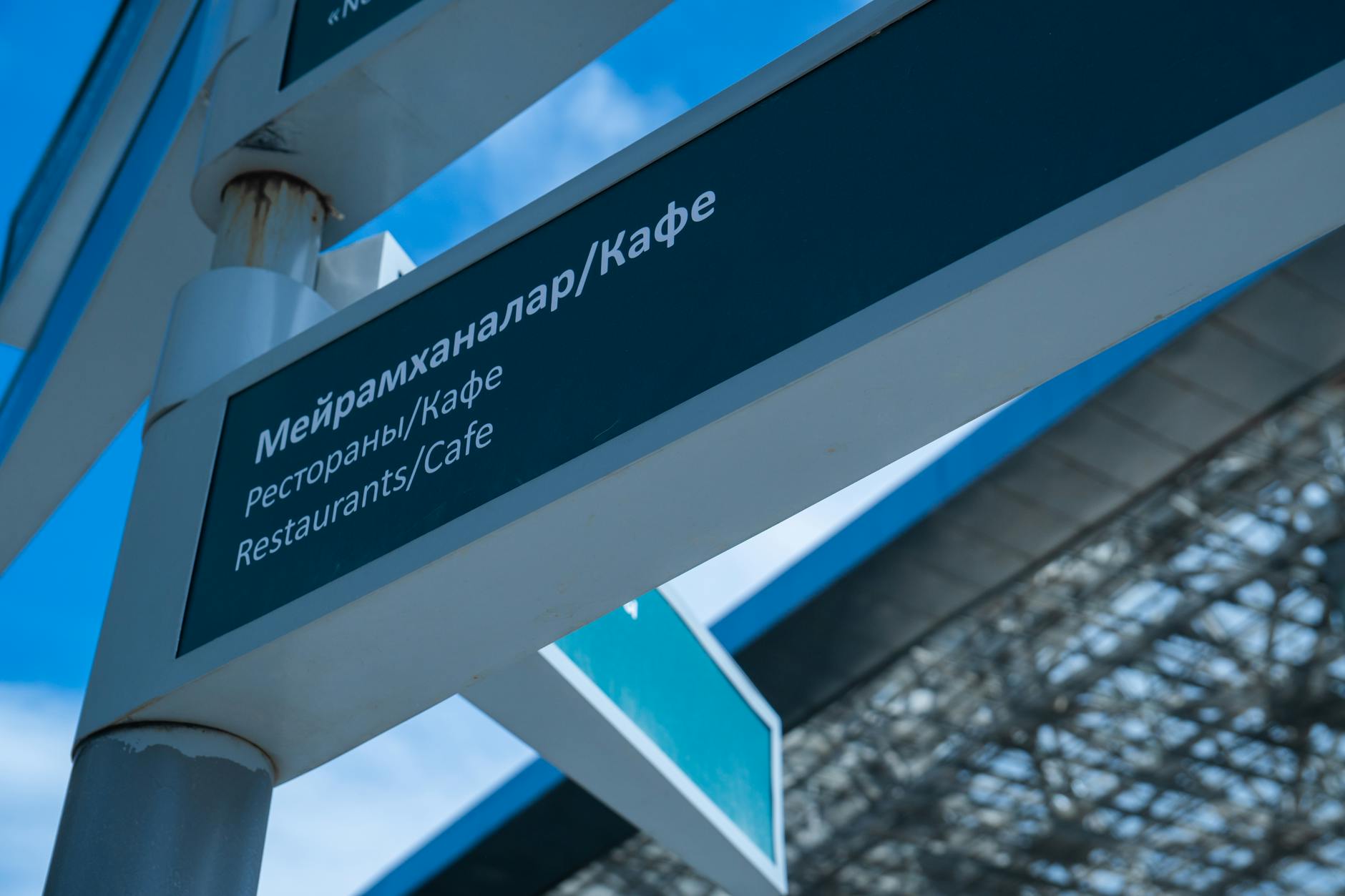 Close-up shot of a multilingual directional sign pointing to restaurants and cafes, taken outdoors.