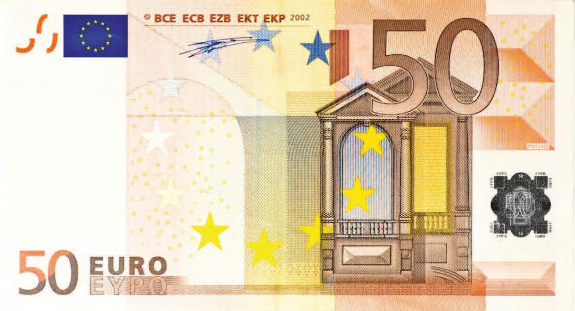 Detailed image of a 50 euro banknote featuring European Union symbols and architecture.