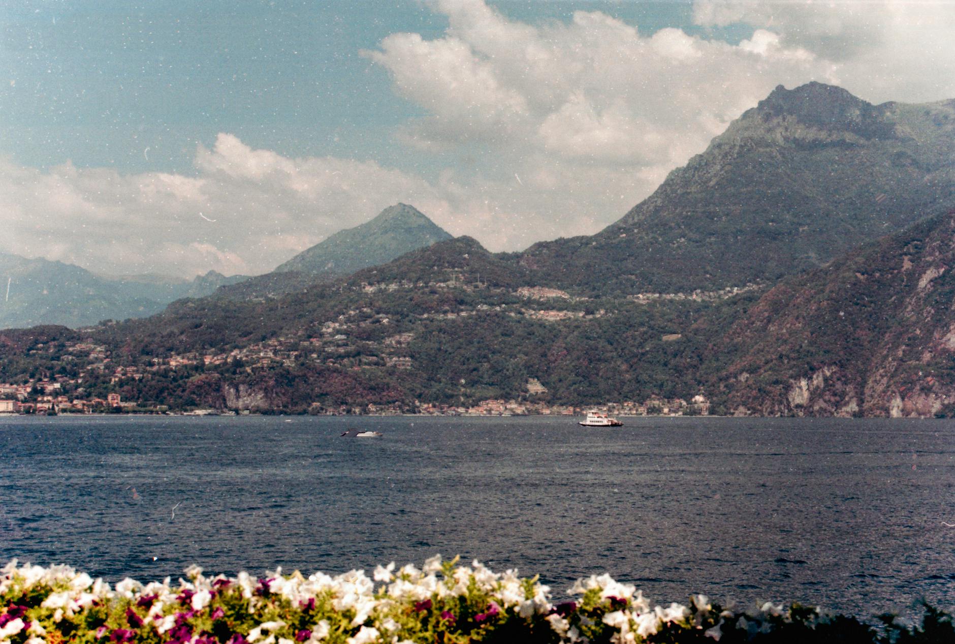 Stunning landscape of Lake Como featuring mountains and vibrant flowers under a cloudy sky.